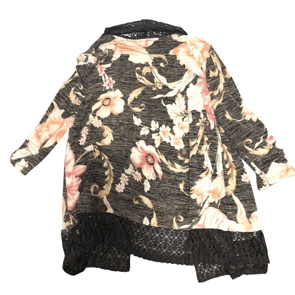 Chicos Sz 2 L Crochet Lace Trim Floral Kimono Boho Festival Feminine Cardigan - Picture 7 of 10